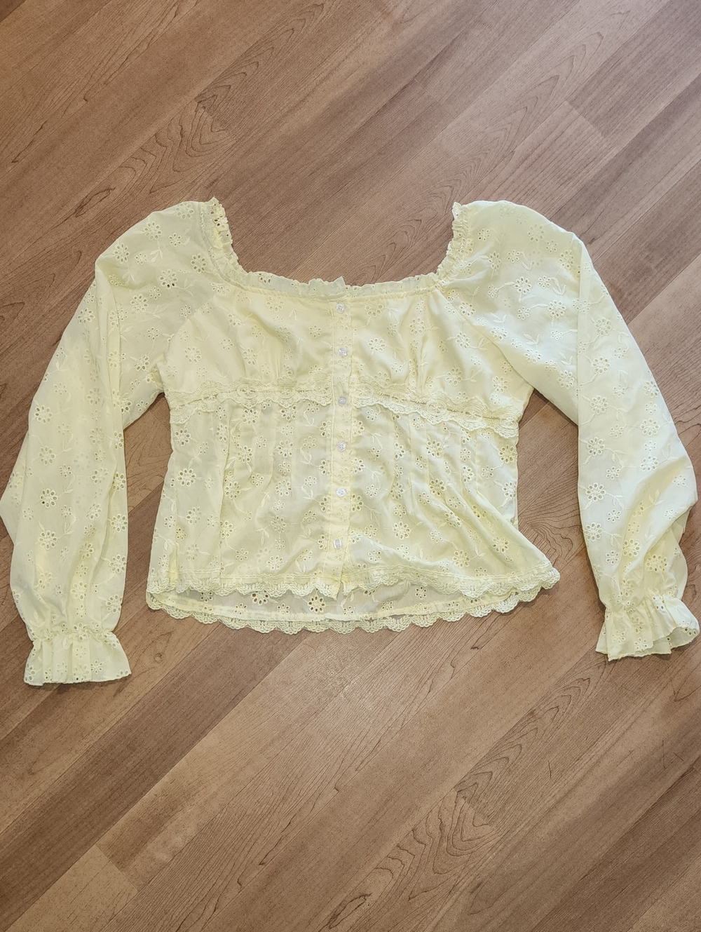 SHEIN Pale Yellow Eyelet Lace Button-Front Peasant Blouse